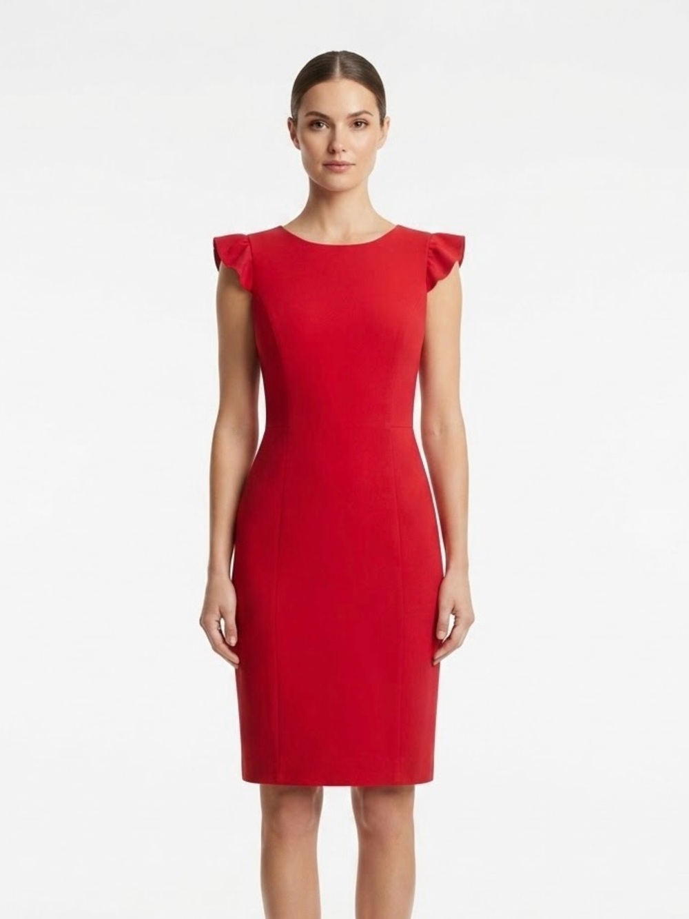 Lauren James Red Ruffle Cap Sleeve Open Back Bow Sheath Dress Sz XS